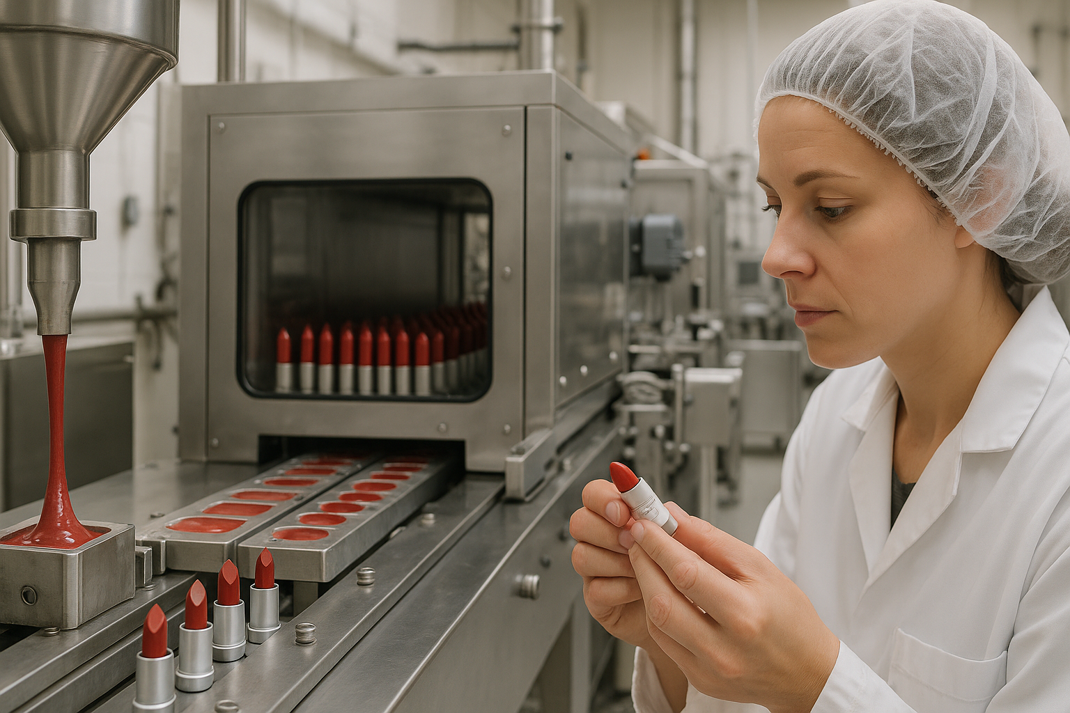 Linea cosmetica industriale per colaggio e controllo etichette di rossetti e stick